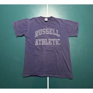 Vintage Russell Athletic Spell Out T-Shirt Youth Large Blue Made in USA 80s 90s